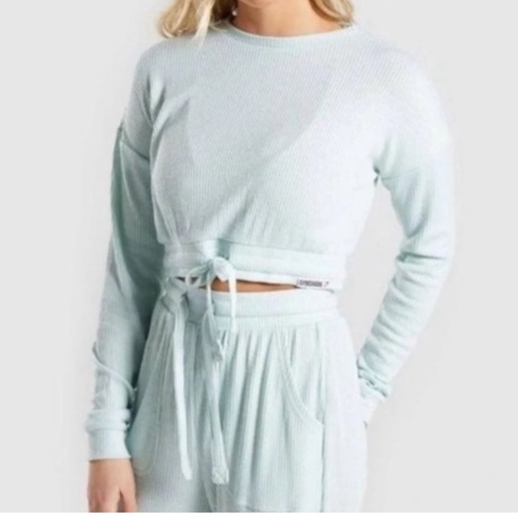 Gymshark Mint Green Cropped Ribbed Long Sleeve Drawstring Top - Picture 2 of 7